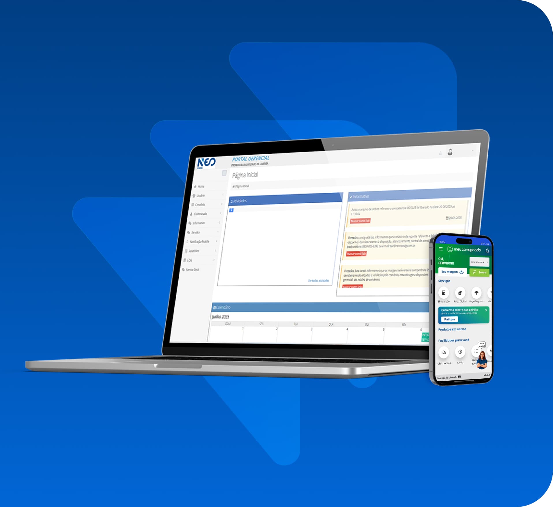 Imagem com um laptop e um celular, mostrando as versões desktop e mobile do sistema de gestão de consignados da Neoconsig